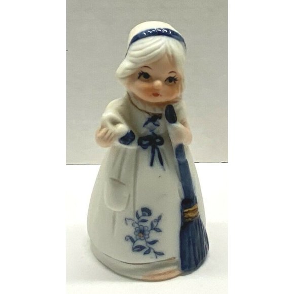 Vintage Jasco Bell Dutch Woman Broom Blue and White Porcelain 4" Tall Taiwan - Picture 6 of 8